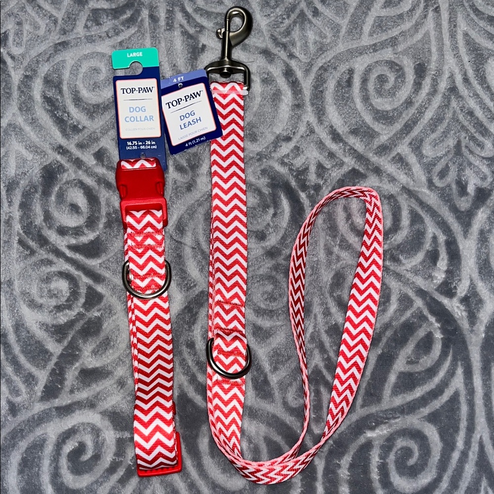 Top Paw Dog Collar size L & Matching 4’ Leash in Red & White Chevron Pattern NWT